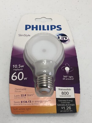 Philips Slim Style 10.5w Replaces 60w Equivalent Soft White Dimmable LED Bulb