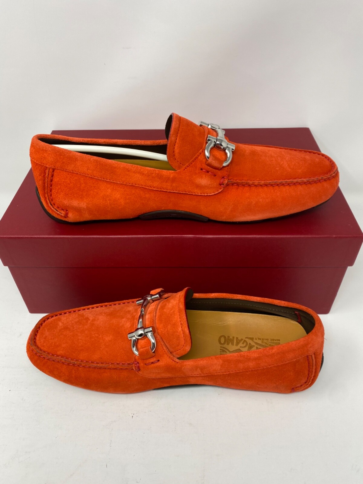 Pre-owned Ferragamo Salvatore  Parigi Eco Suede Driving Moccasins $750 7.5e Candy Apple Red