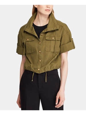

Женский зеленый топ с короткими рукавами и воротником-стойкой RALPH LAUREN на пуговицах
