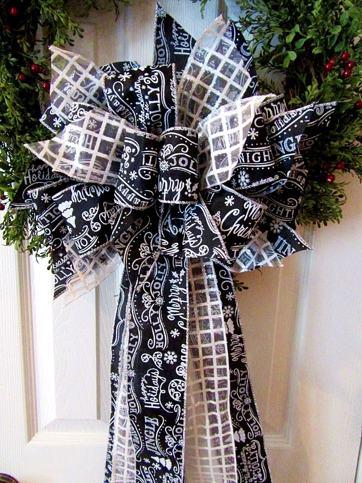 CHRISTMAS BOW~BLACK CHALKBOARD~WIRED EDGE RIBBON~WREATH BOW~HOLIDAY BOW