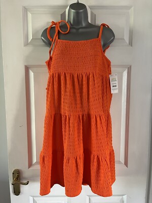 PEP & CO Orange Strappy Tie Shoulder Textured Fabric Tiered Sundress M Bnwt