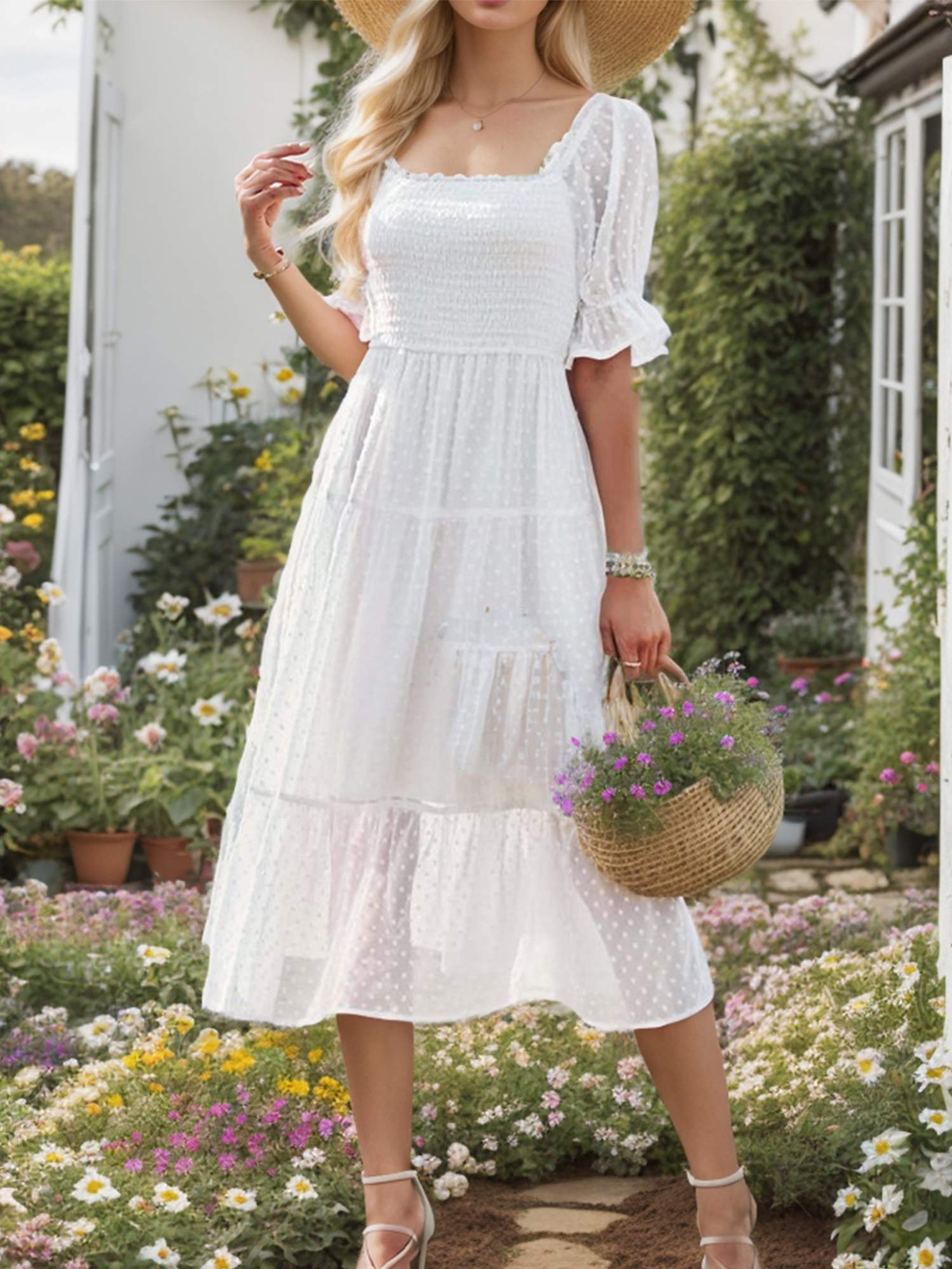 Women's Dresses Summer Square Neck Short Puff Sleeve Casual