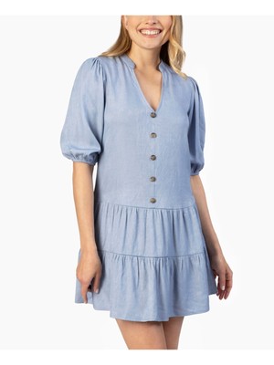 SPEECHLESS Womens Light Blue Button-front Pouf Sleeve Mini Shirt Dress S