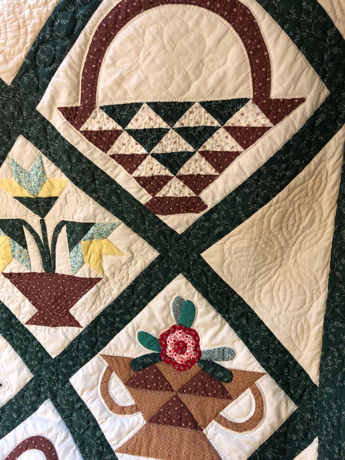 Hand-Quilted Applique Baltimore Basket Queen-Sized Quilt