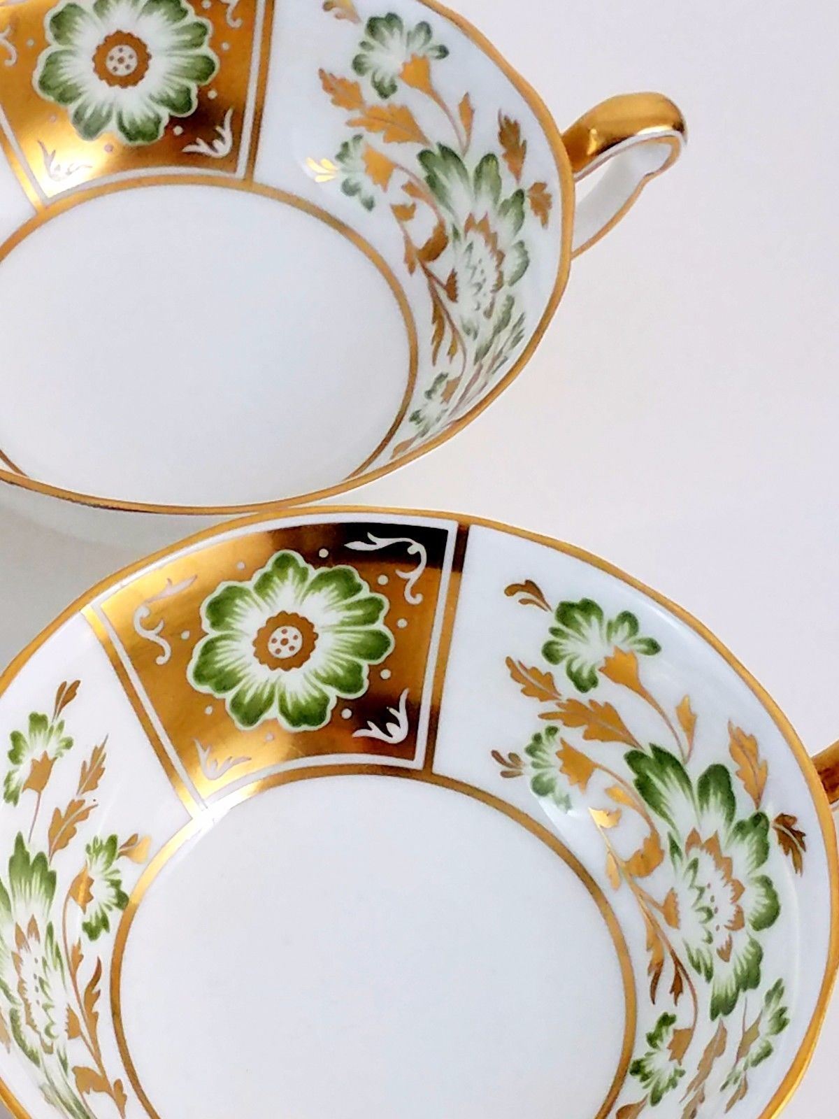 ROYAL CROWN DERBY Panel Green 12 Sets Cream Soup Bowl/s & Saucer Plate/s Handles