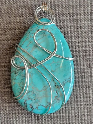 Oversized Chunky Turquoise Wire Wrapped Pendant Teardrop