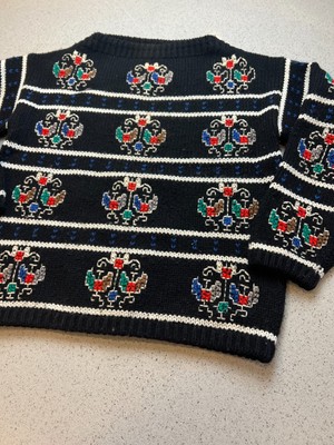 VTG WHITE STAG CABLE KNIT BLACK BLUE RED ORNAMENTAL SWEATER SZ L