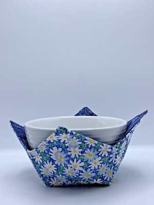 Three Sizes, Microwave Bowl Cozy Holder Reversible, Blue Daisies And Dots Floral