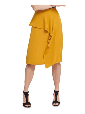 DKNY Женская золотая юбка-трапеция ниже колена с рюшами на работу 0