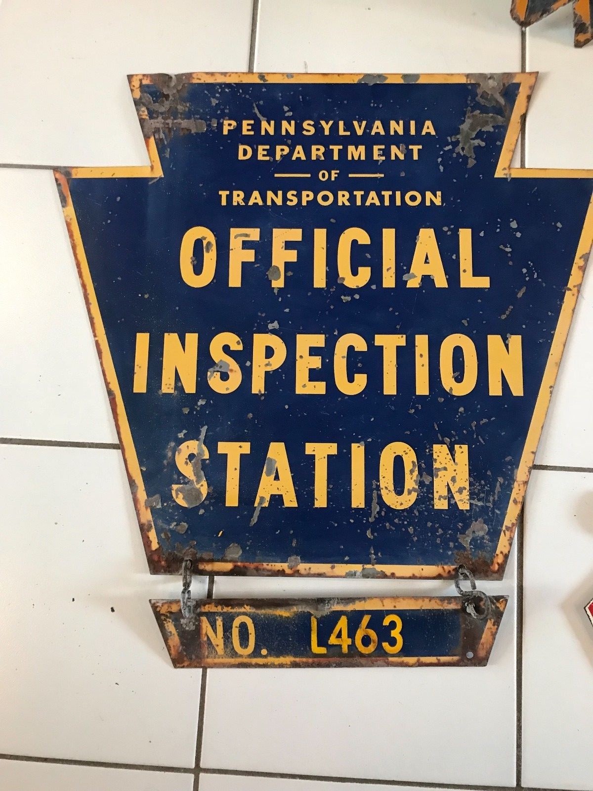 Vintage Original Pennsylvania Inspection Station sign  2 sided w/ hanging number