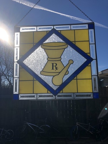 Vintage RX Rexall Drugs Glass Hanging Window Sign Mortar & Pestle Pharmacy