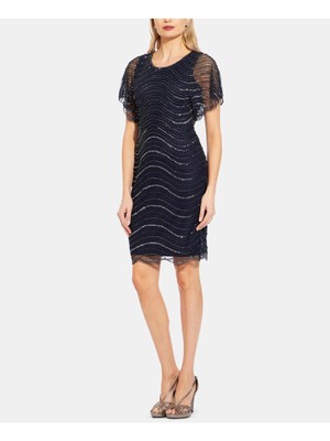 

ADRIANNA PAPELL Женское темно-синее короткое вечернее платье-футляр с иллюзиями и развевающимися рукавами, Navy