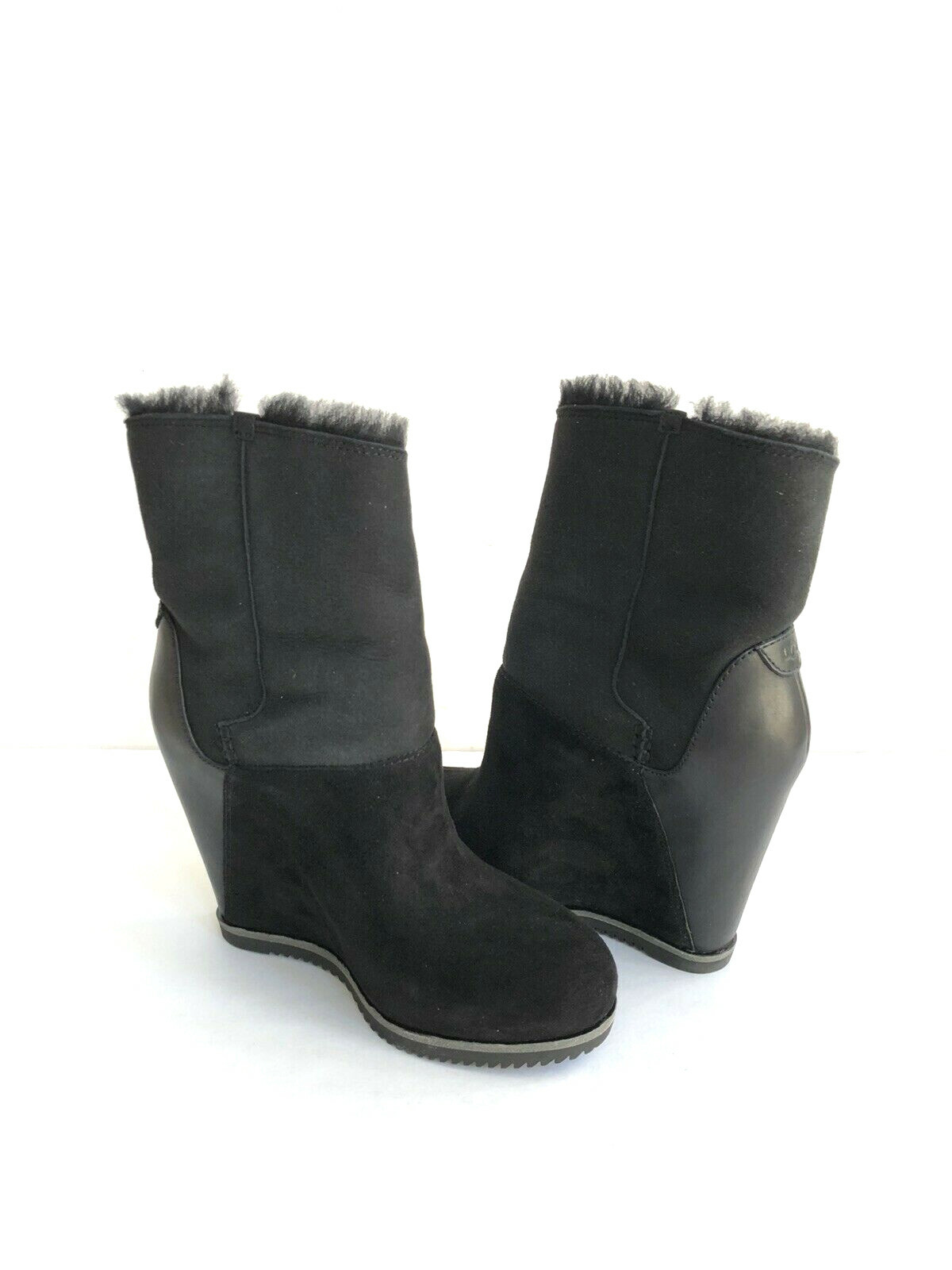 Pre-owned Ugg Classic Mondri Cuff Black Leather Wedge Boots Us 9.5 / Eu 40.5 / Uk 7.5