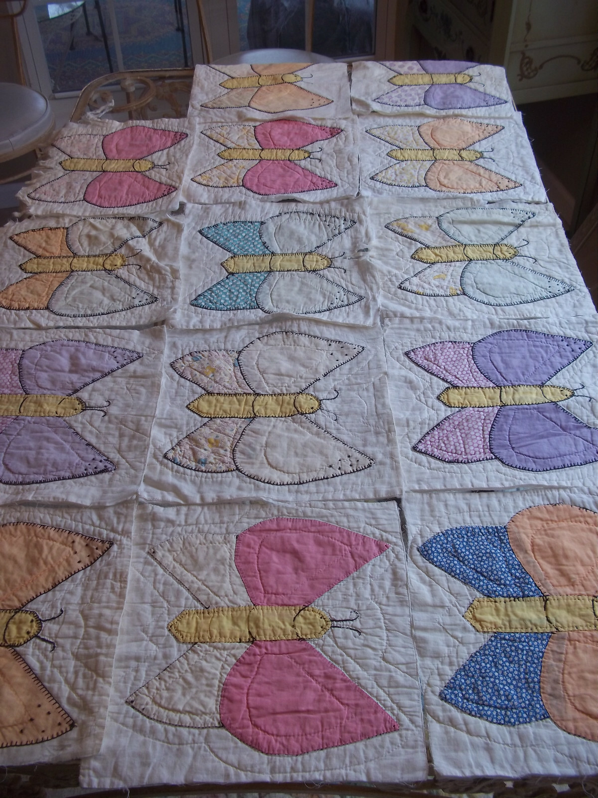 Antique quilt squares butterfly appliqued & embroidered & hand quilted 14 pcs