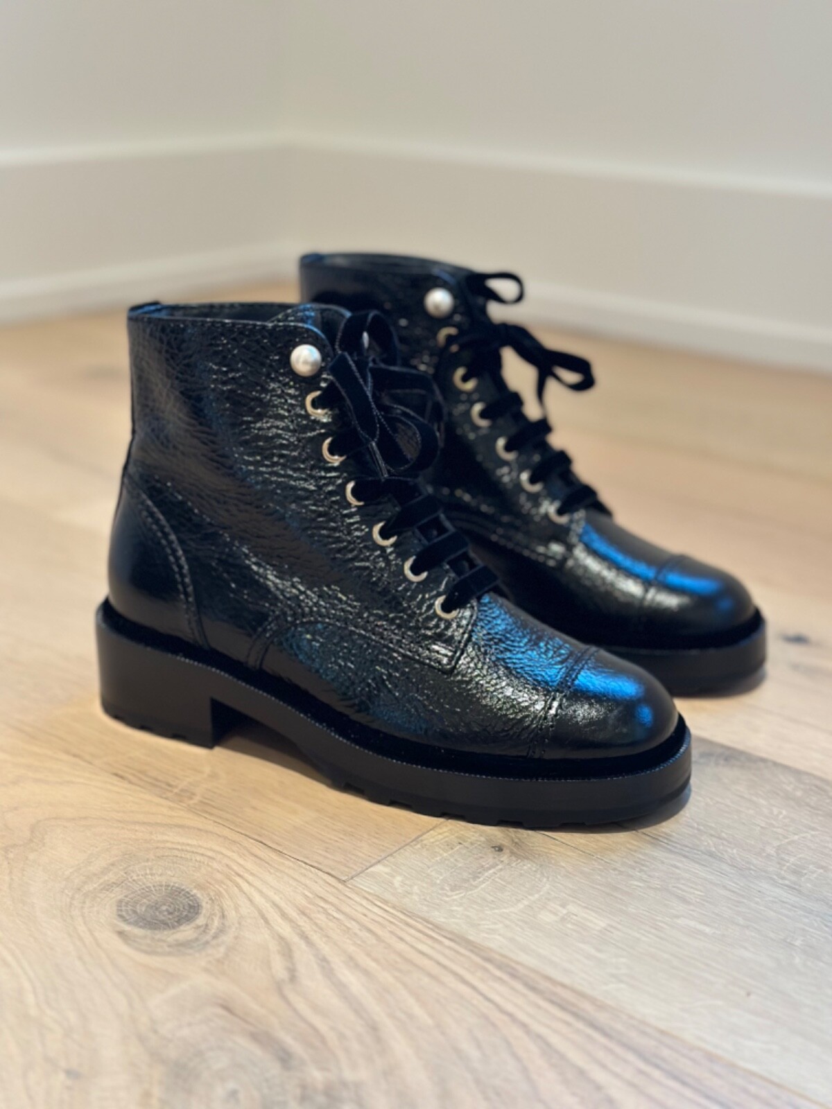 NIB Auth Chanel Black Leather Combat Boots w Pearl Shoes