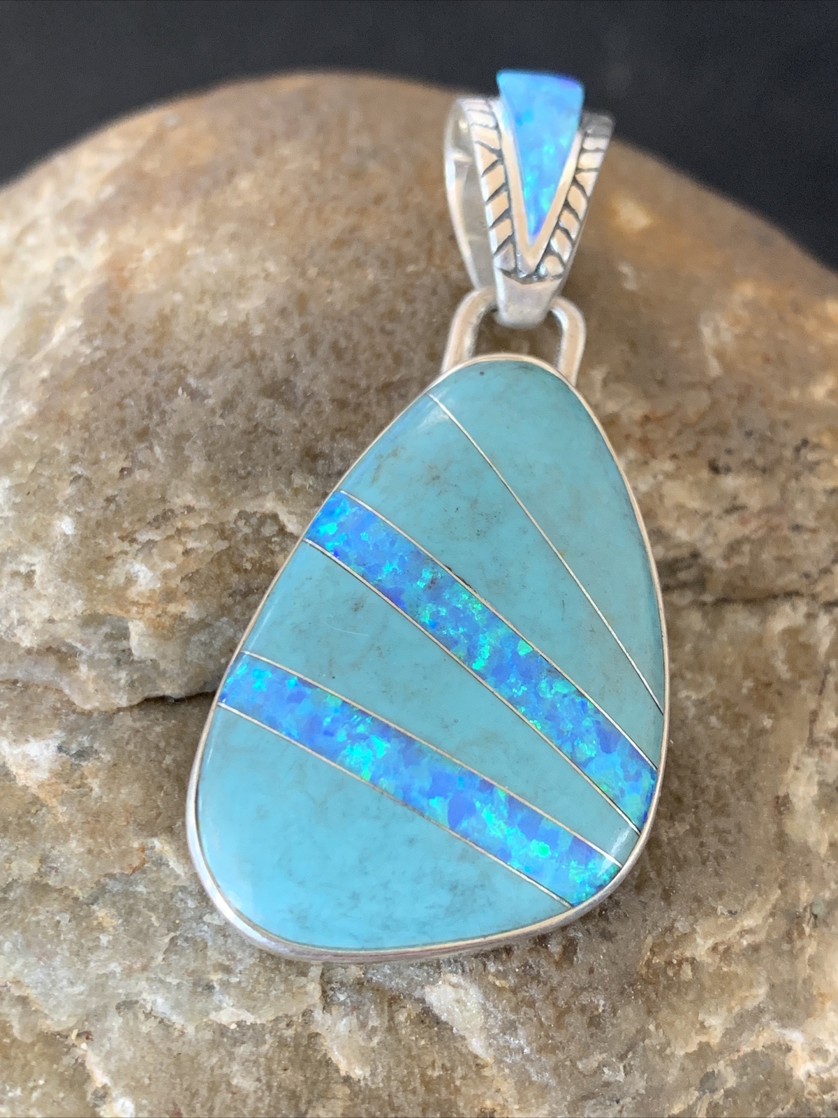 Womens Blue Turquoise & Opal Navajo Sterling Silver Inlay