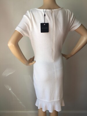 Pre-owned St John Knit Dress Size 2 Bright White Ruffle Santana Knit Wool Rayon