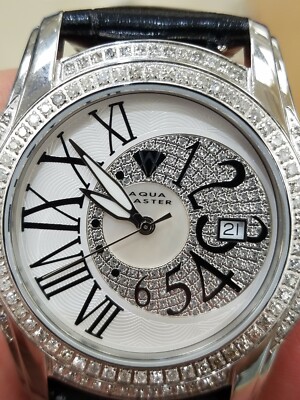 Pre-owned Aqua Master Men's W127 1.7ct Round 2 Row Diamond Bezel Leather Quartz Watch In Silver