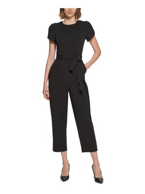 CALVIN KLEIN Womens Black Tie-belt Tapered Leg Sleeve Capri Jumpsuit Petites 6P