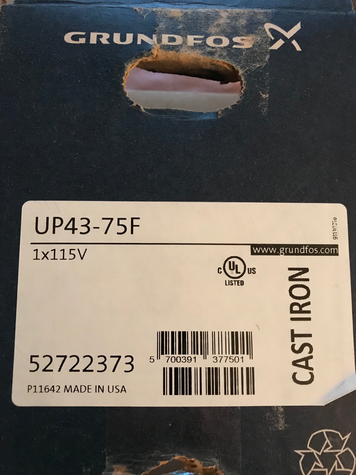 Grundfos UP43-75F  Cast Iron Circulating Pump - 115 Volt
