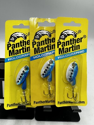 3 lures panther martin trout spinners 1/4oz silver blade size 6 blue black spots