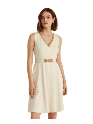 

LAUREN RALPH LAUREN Женское платье-футляр цвета слоновой кости с поясом и без рукавов, Цвет слоновой кости