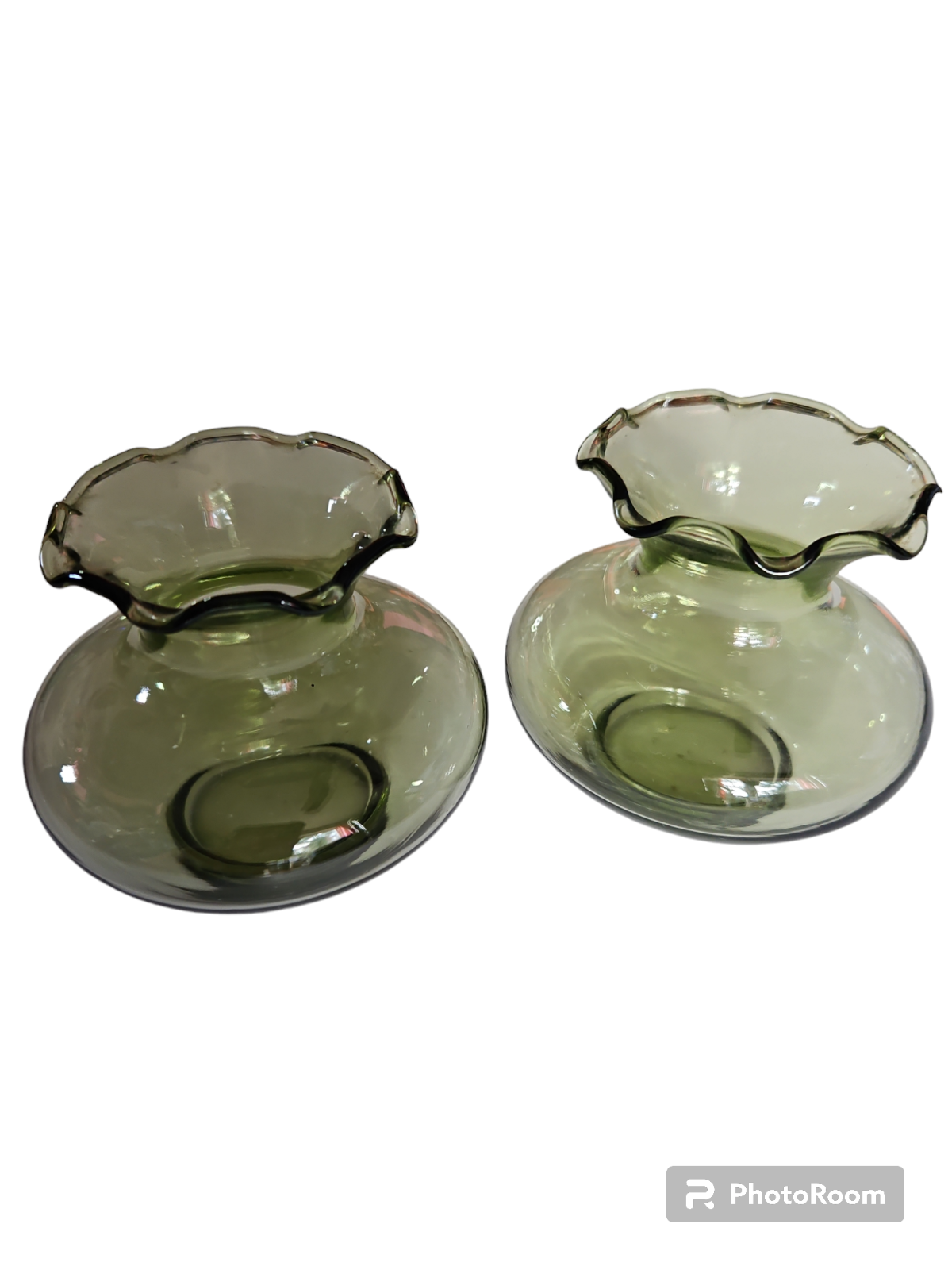 Vintage Vases Light Green Glass Ruffled Set of 2 Hyacinth Bulb Forcing