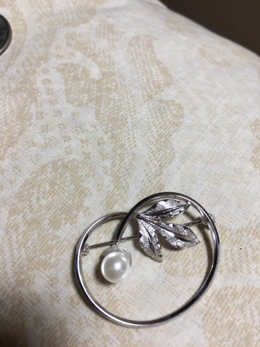 Vintage Sterling Silver Van Dell Brushed Leaf Faux Pearl Modernist Pin Brooch