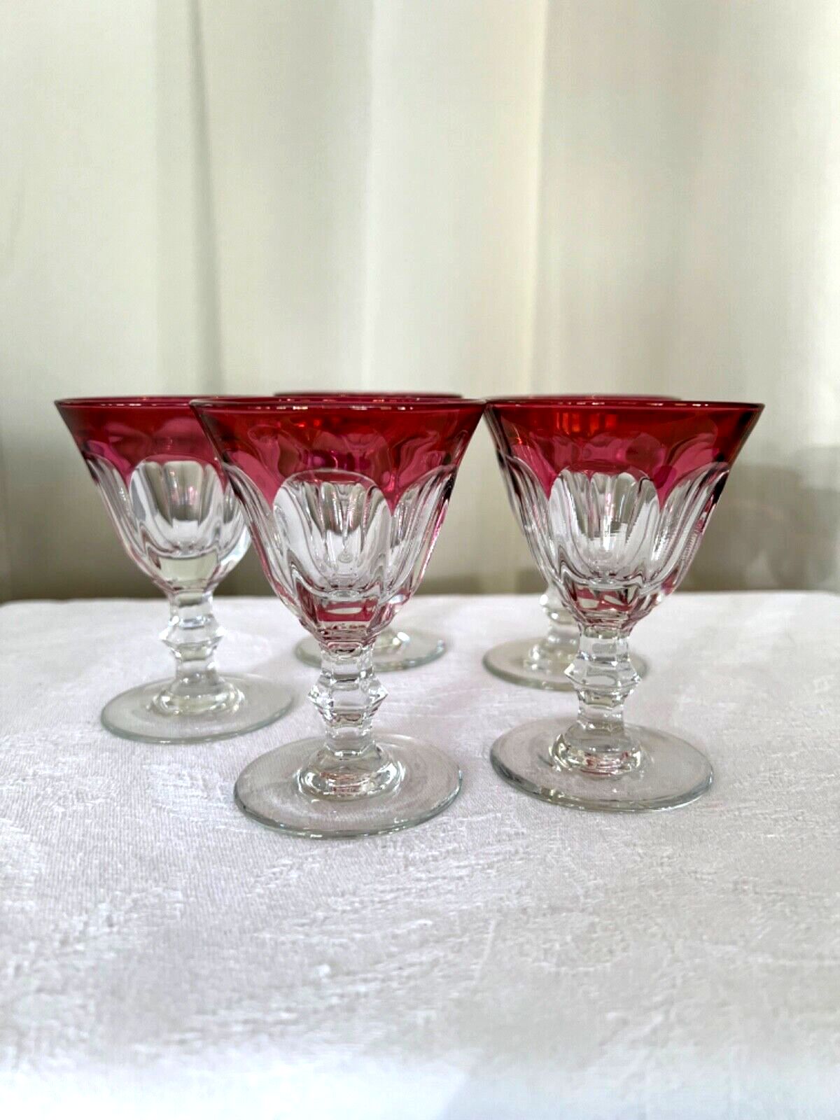SET  5 BLEIKRISTALL HANDGESCHLIFFEN CRYSTAL RUBY RED COLOR FOOTED CORDIAL GLASS