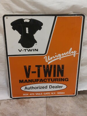 Vintage V-TWIN MOTORCYCLE ENGINE DEALER Embossed Sign Gas Oil Bike Advertising 