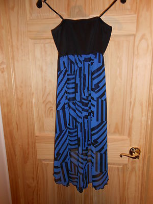 NEW sz Medium Deb Black & Royal Blue Striped LBD Strapless Long/Short Cute Dress