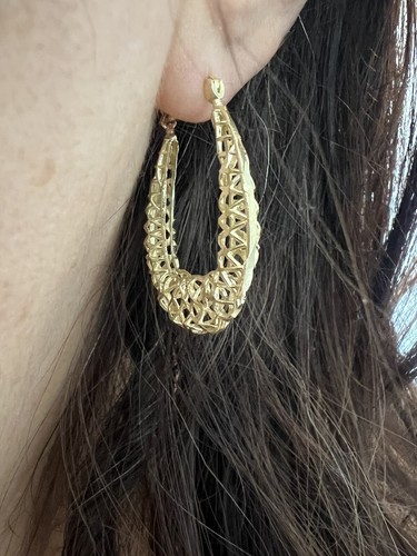 Pre-owned Handmade Gold Oval Turkish Earring 10k Solid Filigree Long Dangle Solid Gift Her 1.30”