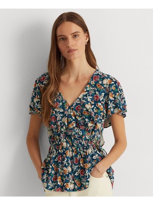 

RALPH LAUREN Женский синий топ с завязками и развевающимися рукавами и вырезом с вырезом и баской, размер