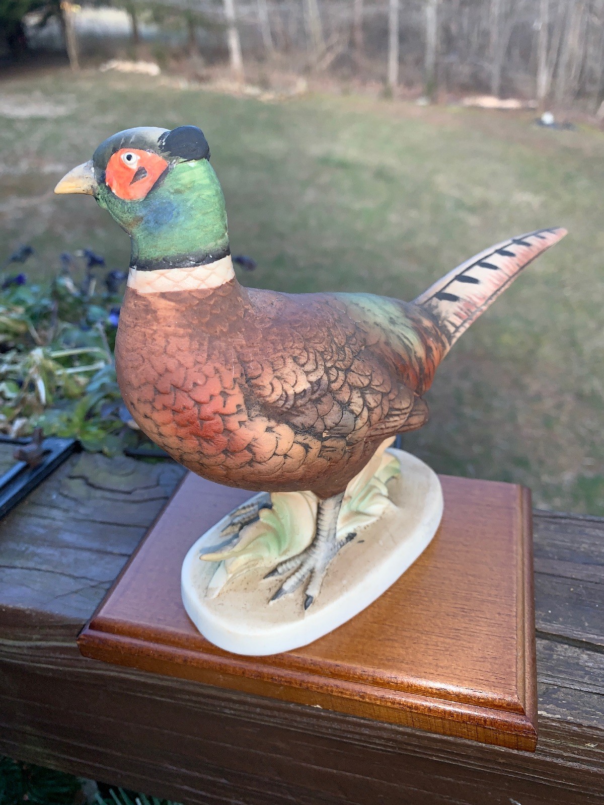 Lefton Vintage Bisque Porcelain RING TAILED PHEASANT & Wood Stand Statue 6.5 X 8