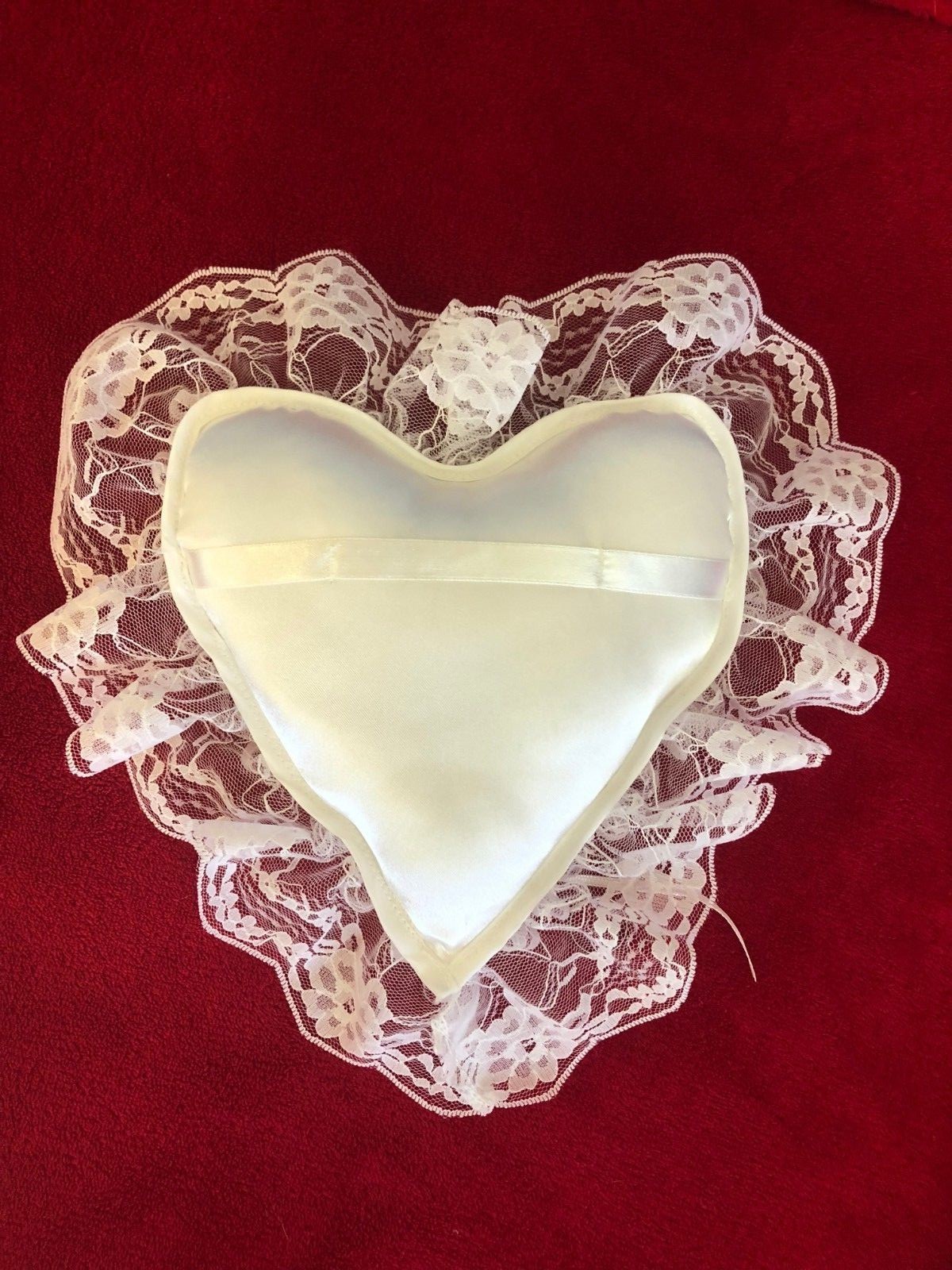 wedding ring bearer pillow white lace heart shaped
