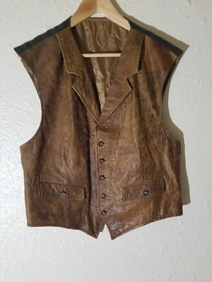 Vintage 42R Shooting Hunting Brown Leather Distressed Waistcoat Vest Men Abboud
