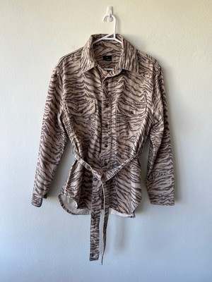 new Ksubi womens denim shirt belt top small s 8 mini tiger print jacket tan 