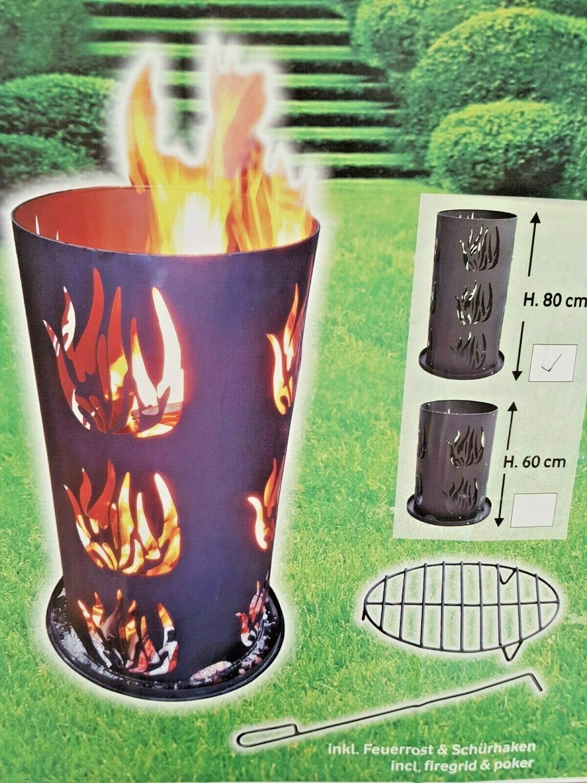  Feuerschale Stahl Feuerkorb Feuersäule mit Bodenrost  & Schürhaken 60 x 40  cm