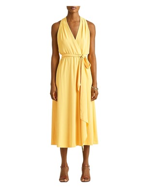 

RALPH LAUREN Женское желтое прямое вечернее платье миди без рукавов с поясом и подкладкой, Желтый