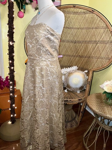 Pre-owned Lilly Pulitzer Aubrianna Strapless Midi Dress Gold Metallic Lace Size 14