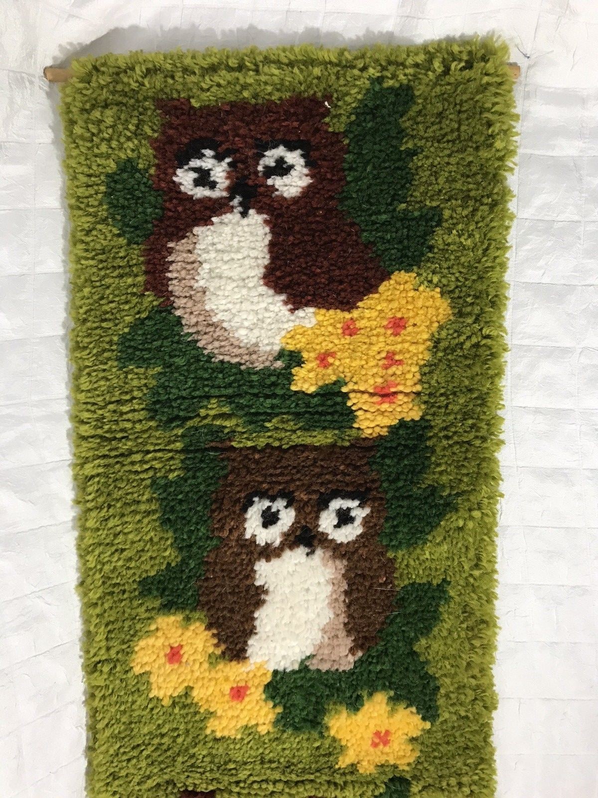 70s Owl Retro Latch Hook Rug Wall Hanging 46 x 13 Completed Retro 70s colors