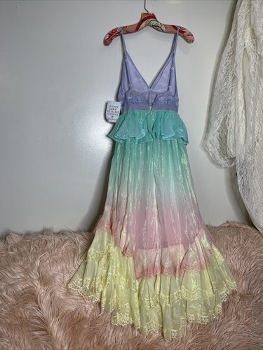 Pre-owned Free People Rococo Sand Emi Long Metallic Ombre Lace Trim Peplum Dress S In Pastels