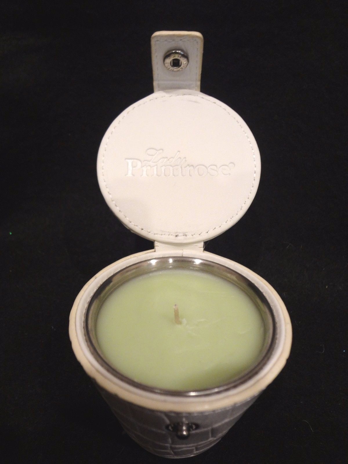 LADY PRIMROSE TRAVEL VANITY CANDLE ~ Stainless Cup with White Leather Case - NEW