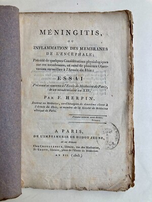 MÉNINGITIS F. HERPIN 1803 avec ENVOI MEDECINE NEUROLOGIE RARE