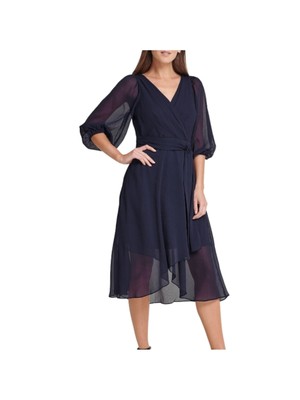 

Женское темно-синее платье миди с пышными рукавами и вырезом миди DKNY Party Fit + Flare Dress, Navy