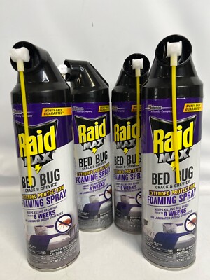 4 cans Raid Max Bed Bugs Foaming Spray Crack & Crevice Extended Protection 8 wk