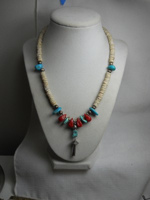 NATIVE AMERICAN Sterling Silver 925 Vintage Estate TURQUOISE RED CORAL Necklace