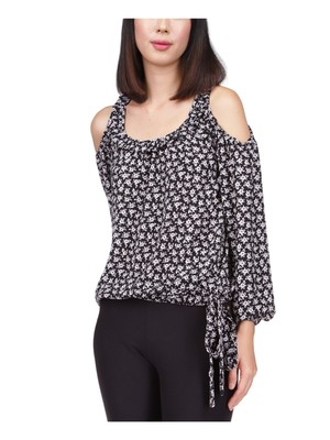 

MICHAEL KORS Женская блузка Black Tie At Side Hem с длинным рукавом и круглым вырезом, Черный