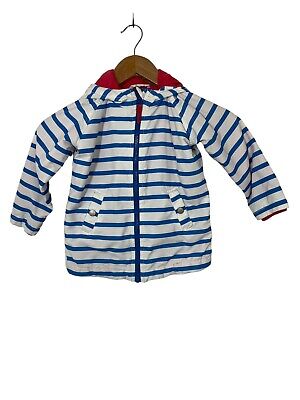 Mini Boden Jacket Girls 2-3Y Blue White Striped Button Up Hooded Long Sleeve