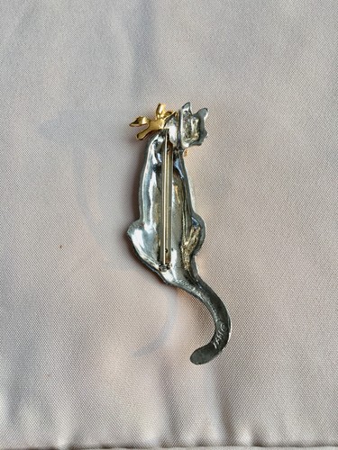 Maurice Milleur Pewter Cat Pin With Gold Bow